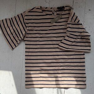 J. Crew Beige and Navy Striped Bell-Sleeve Top